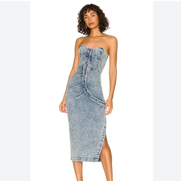 Misha Penina Revolve Strapless Midi Pencil Dress in Denim Blue Size US 2 - Picture 1 of 9